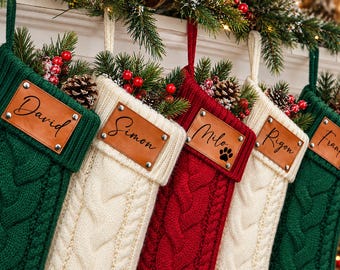 Personalized Christmas Stockings with Name, Custom Leather Patch Knit Stocking, Cable Knit Christmas Stockings, Family Xmas Fireplace Decor