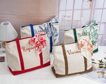 Personalized Canvas Tote Bag: Embroidered Tote, Monogram Bags with Ribbon, Bridesmaid Gifts for Her