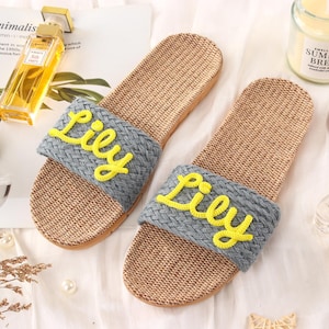 Custom Name Linen Slippers, Personalized Woven Straw Slides, Summer Beach Sandals, Monogrammed Espadrille Slides