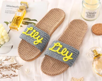 Custom Name Linen Slippers, Personalized Woven Straw Slides, Summer Beach Sandals, Monogrammed Espadrille Slides