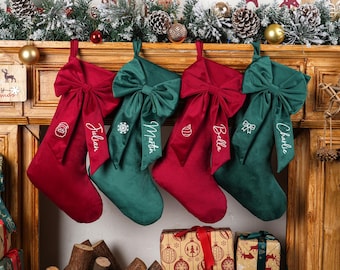 Personalized Velvet Christmas Stocking, Embroidered Bow, Family Holiday Decor