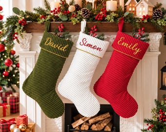 Personalized Corduroy Christmas Stocking, Embroidered Stocking, Rustic Christmas Stockings, Holiday Fireplace Decor