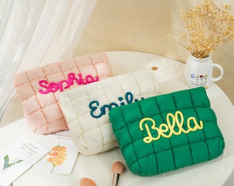 Personalized Quilted Makeup Bag, Embroidered Puffer Toiletry Bag, Bridesmaid Gift, Travel Monogrammed Puffy Pouch