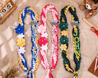 Personalized Graduation Lei with Flowers, Custom Ribbon Lei, Class of 2026, Senior Night Gift