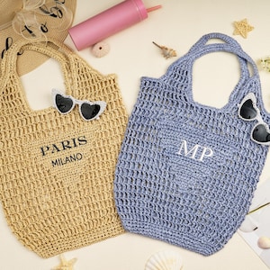 Personalisierte Strand-Einkaufstasche, Bast-Einkaufstasche, benutzerdefinierte Strohtaschen, Brautparty-Tasche, Geburtstagsreise-Partybevorzugungs-Tasche, Raffia-Reise-Strandtasche für sie