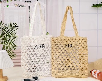 Personalized Beach Bag: Embroidered Tote Bag, Bridesmaid Gifts, Custom Straw Bags for Her