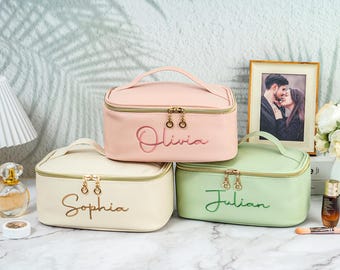 Embroidered Leather Makeup Bag: Personalized Cosmetic & Toiletry Case