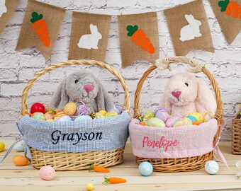 Forro personalizado para cesta de Páscoa: Forros com monograma bordado, tecido seersucker infantil, decoração de Páscoa