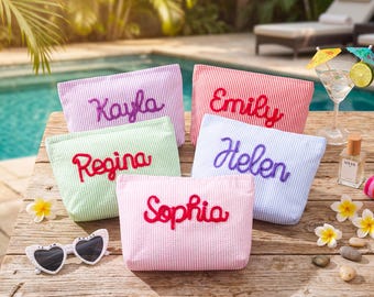 Personalized Seersucker Makeup Bag, Custom Cosmetic Pouch, Embroidered Toiletry Bag, Bridesmaid Gift for Her