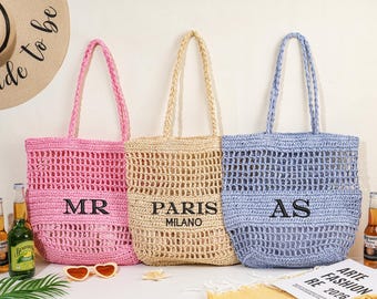 Personalized Raffia Beach Tote, Custom Embroidered Bag, Bridesmaid Gifts, Bridal Party Favor
