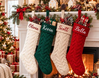 Personalized Knitted Christmas Stocking, Embroidered Rustic Vintage Family Christmas Stocking, Holiday Fireplace Decor