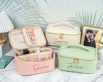 Personalized Embroidered Makeup Bag: Custom Leather Cosmetic Bags, Bride Toiletry Bag, Bridesmaid Gifts