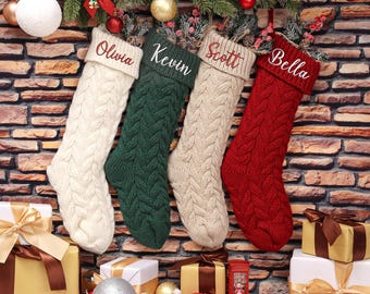 Personalized Knitted Christmas Stocking, Embroidered Family Ornament