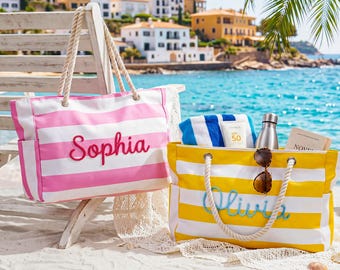 Personalized Striped Beach Tote, Custom Oversized Beach Bag, Bachelorette Party Gift, Trip Vacation Bags