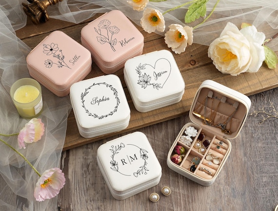 Personalized Travel Jewelry Box, Bridesmaid Gift, Floral Custom Name