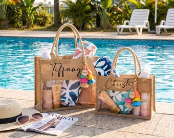 Personalized Burlap Tote Bag, Custom Bridesmaid Gift, Beach Jute Bag