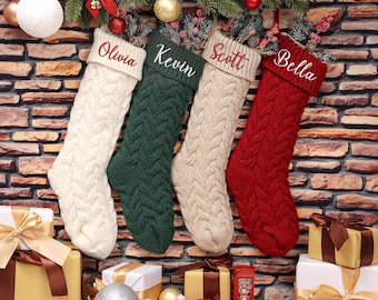 Personalized Knitted Christmas Stocking, Embroidered Cotton Holiday Ornament