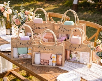 Custom Bridesmaid Gift Bags: Personalized Burlap Tote Bag, Wedding Party Gifts, Waterproof Beach Bag