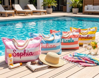Personalized Beach Tote Bag, Custom Name Striped Canvas Bags, Large Pool Bag, Bachelorette Favors