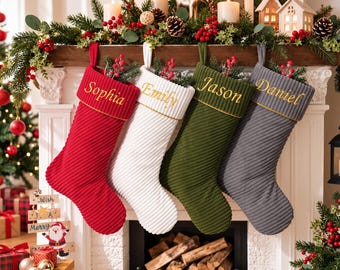 Custom Name Christmas Stocking, Personalized Embroidered Stocking, Corduroy Christmas Stockings, Rustic Holiday Fireplace Decor