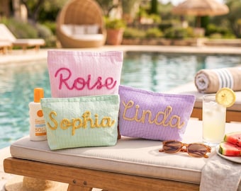 Custom Makeup Bag, Personalized Cosmetic Pouch, Seersucker Embroidered Bags, Travel Toiletry Bag, Bridesmaid Gift