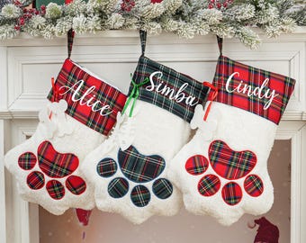 Bas de Noël personnalisés patte d'animal de compagnie, décor des fêtes à carreaux