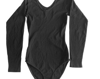 Black Bodysuit Top 90s Leotard Blouse Plain Shirt Body Suit Short Sleeve  One Piece V Neck T Shirt Minimalist Ballet Vintage 1990s Small S 