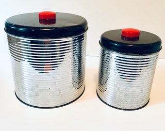 Vintage Chrome Finish Canisters with Black Lids / Red Knobs - Set of 2