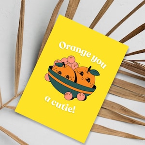 Cartão de trocadilho de fruta fofa | Cartão fofo Orange You | Cartão de amor cotidiano | Papel de linho premium | JoeyPrints