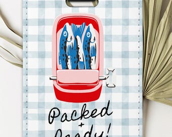 Sardines Luggage Tag: Trendy Tinned Fish, Blue Gingham Travel Accessory