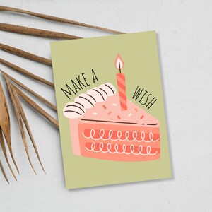 Niedliche Minimalistische Geburtstagskarte | Rosa Kuchen-Karte | Machen Sie eine Wunschkarte | Premium Leinenpapier | JoeyPrints