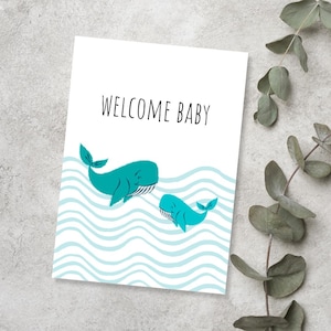 Cartão de boas-vindas para bebê | Cartão fofo de baleia | Cartão de bebê com tema de oceano | Papel de linho premium | JoeyPrints