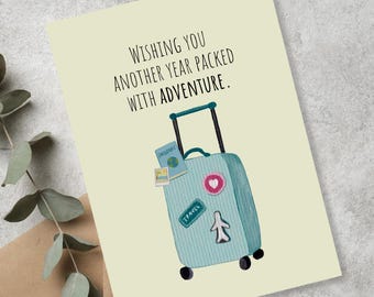 Adventure Birthday Card: Linen Paper Suitcase Greeting Card 5x7