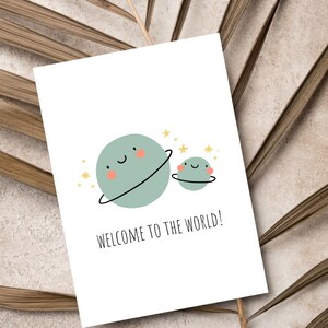 Cartão de boas-vindas para bebê | Cartão fofo de planeta | Cartão de bebê com tema espacial | Papel de linho premium | JoeyPrints