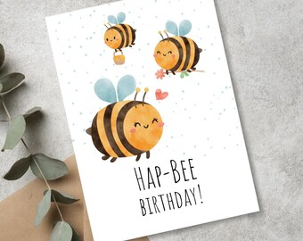 Hap-Bee Birthday Card, Honey Bees, Linen Cardstock