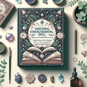 May include: A dark green hardcover book with the title "EMOTIONAL STRENGTHERNING SPELL" and an open book design. The image features crystals, a pen, a pencil, and small plants, suggesting a mystical theme. The book's cover has ornate illustrations and text.