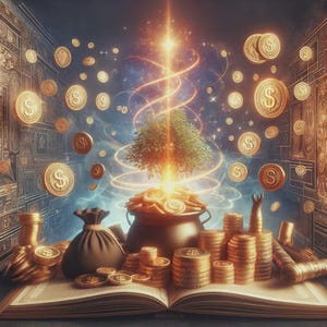 May include: An artistic depiction of wealth and prosperity. Gold coins with dollar signs float around a tree growing from a pot of coins. A book, money bags, and stacks of coins are also present, with a bright light emanating from above.