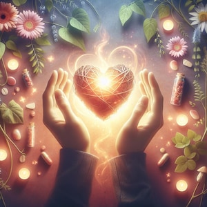 May include: An artistic depiction of hands cradling a glowing, heart-shaped object. The heart is made of interwoven lines, radiating light. The image is surrounded by flowers, candles, and small glass bottles, creating a serene and spiritual atmosphere.