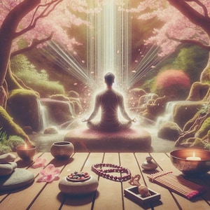 Può includere: Una scena serena di meditazione in un ambiente naturale lussureggiante. Una persona è seduta nella posizione del loto, bagnata dalla luce, con cascate e fiori di ciliegio. Tavolo in legno con candele, pietre, perline e un flauto di Pan. Il tema è il relax e la spiritualità.