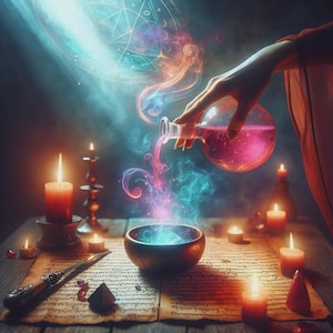 Puede incluir: Una escena mística con una mano vertiendo líquido rosa de una botella de vidrio en un cuenco de madera, creando humo colorido. Velas encendidas, una varita y una pirámide están sobre una mesa con papel envejecido. Un diseño celestial brilla arriba.