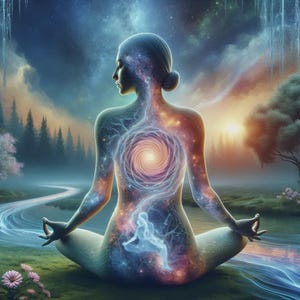 Può includere: Opera d'arte digitale di una persona che medita nella posizione del loto, con un design simile a una galassia all'interno del corpo. Lo sfondo presenta un fiume, alberi e un tramonto, creando un'atmosfera serena e spirituale.