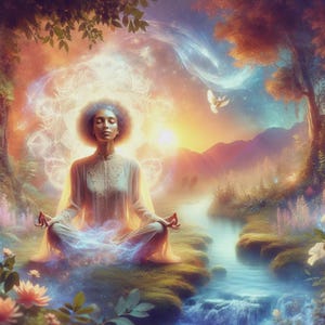 Puede incluir: Ilustración digital de una persona meditando en un entorno natural sereno. La persona está en posición de loto, rodeada de energía brillante y un mandala. La escena incluye un río, montañas y una puesta de sol, con una paloma en vuelo.