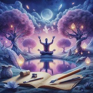Puede incluir: Una serena pintura digital representa a una persona meditando cerca de un estanque reflectante bajo la luna llena. La escena incluye árboles morados, plumas flotantes y materiales de arte como un cuaderno de bocetos, bolígrafos y pintura, evocando paz y creatividad.
