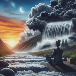 Può includere: Opera d'arte digitale di un paesaggio sereno con una cascata e una persona che medita vicino a un fiume. Il cielo mostra un tramonto e una luna crescente. La scena evoca pace e tranquillità.