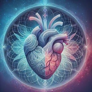 May include: An artistic illustration of a human heart, split vertically with intricate patterns. The left side is blue with detailed designs, while the right side is red and pink. The heart is set against a backdrop of a blue and purple mandala.