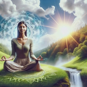 Puede incluir: Una mujer meditando sentada en una colina cubierta de hierba, con un diseño de mandala debajo. El fondo presenta una cascada, un bosque y luz solar brillante. El cielo es azul con nubes esponjosas.
