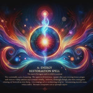 May include: An abstract digital art piece featuring a central glowing orb with radiating light and colorful energy streams. The image includes text that reads "A. ENERGY RESTORAATION SPELL". The artwork uses a vibrant palette of blues, oranges, and purples.