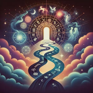 May include: An artistic depiction of astrology. A winding blue path with astrological symbols leads to a bright doorway. A large zodiac wheel surrounds the doorway, with celestial elements and colorful clouds in the background.