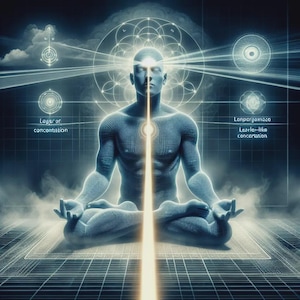 Può includere: Illustrazione digitale di una persona che medita con una luce brillante che emana dal centro. La figura è in posizione del loto, con forme geometriche e testo sullo sfondo. Il testo recita "Lager or concentration" e "Lonpargamace Lazelar-like concertation".