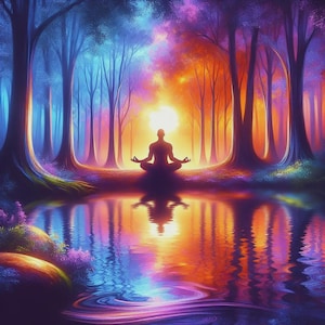 Può includere: Un vivace dipinto digitale raffigura una persona che medita in una foresta. La scena presenta un lago sereno che riflette il cielo colorato e gli alberi. La tavolozza dei colori include sfumature di blu, viola, arancione e giallo, creando un'atmosfera pacifica e spirituale.